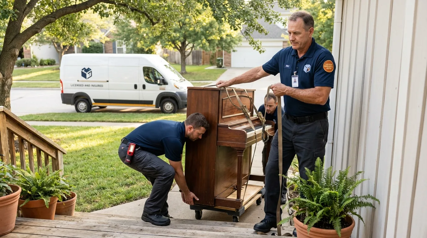 Licensed piano movers securing grand piano in Moravian Falls, NC