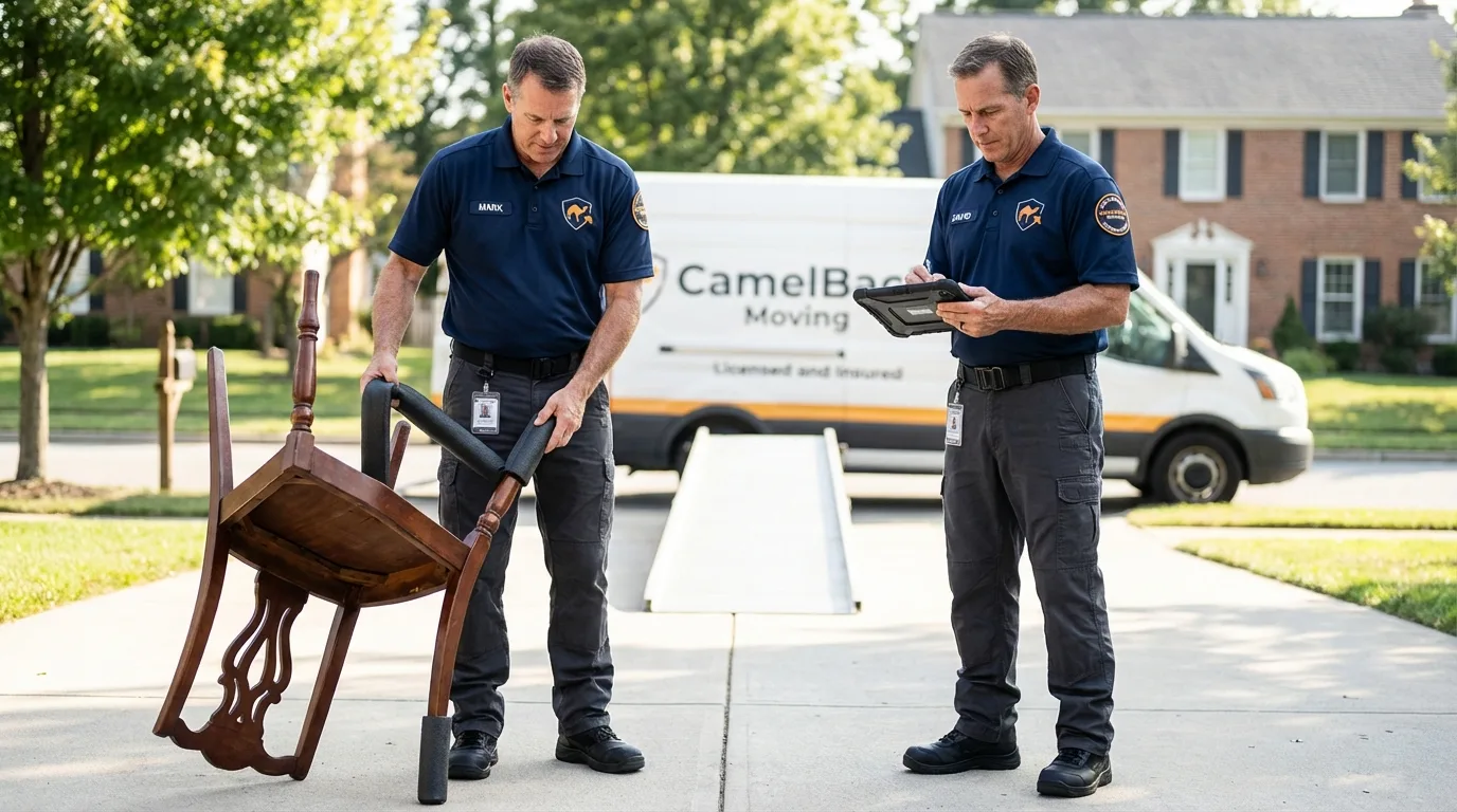 Movers inspecting furniture for damage prevention before loading in Moravian Falls, NC